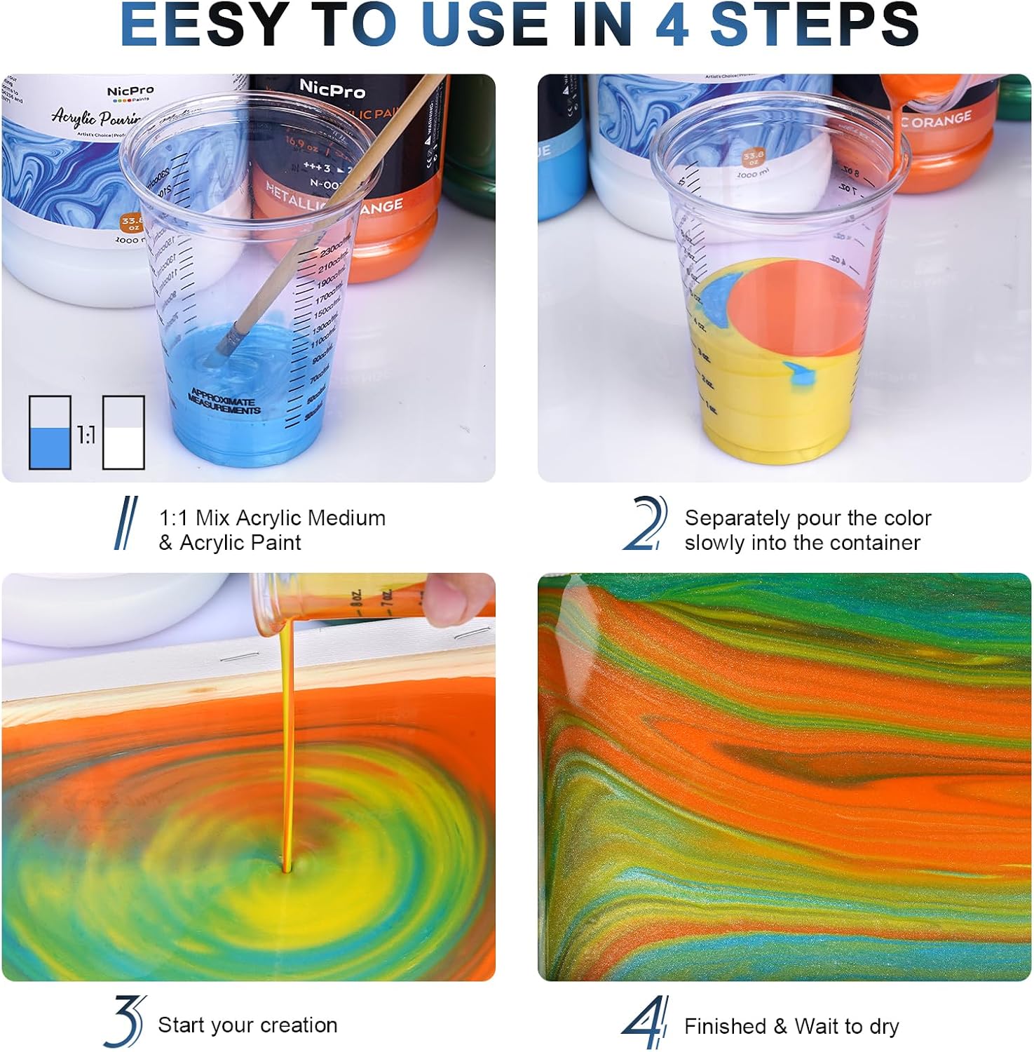 Detalle de Nicpro Pouring Medium for Acrylic Paint – 250ml (8.45oz) for Flow Improvement
