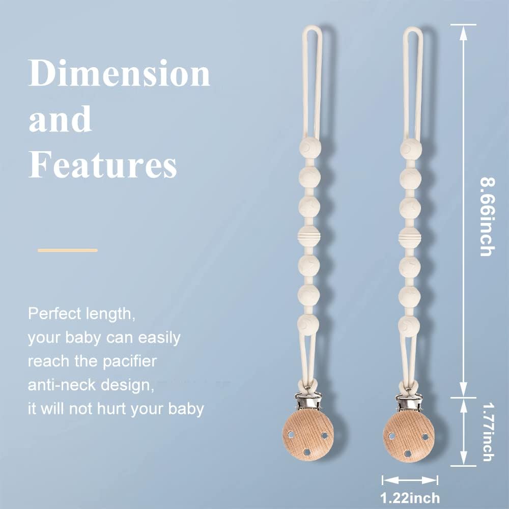 Thumbnail 2 de Dummy Clip, 2 Pack Silicone Pacifier Clips with Wooden Design (White)