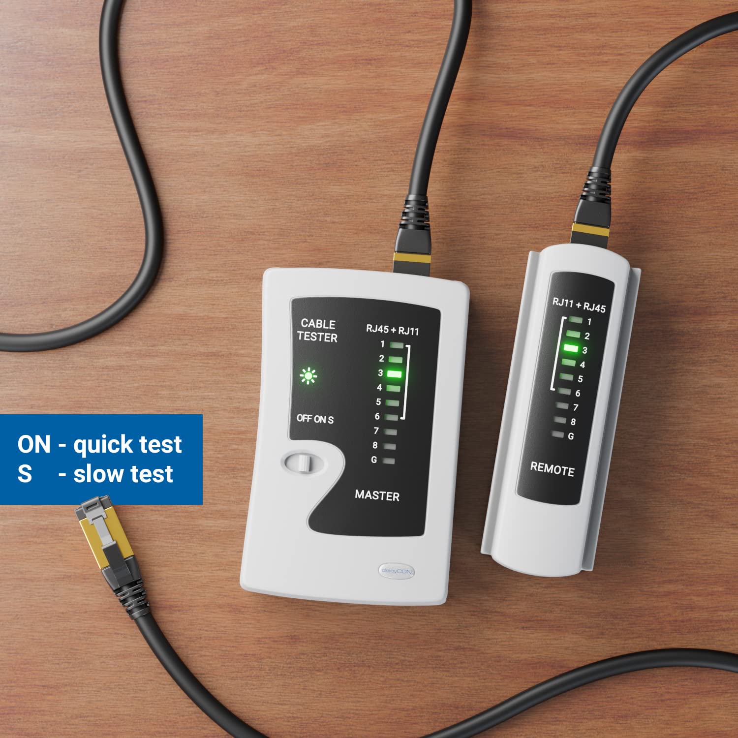 Detalle 2 de deleyCON Netzwerk Kabeltester MK4226 – RJ11/RJ12/RJ45, CAT6/7/8, Grau
