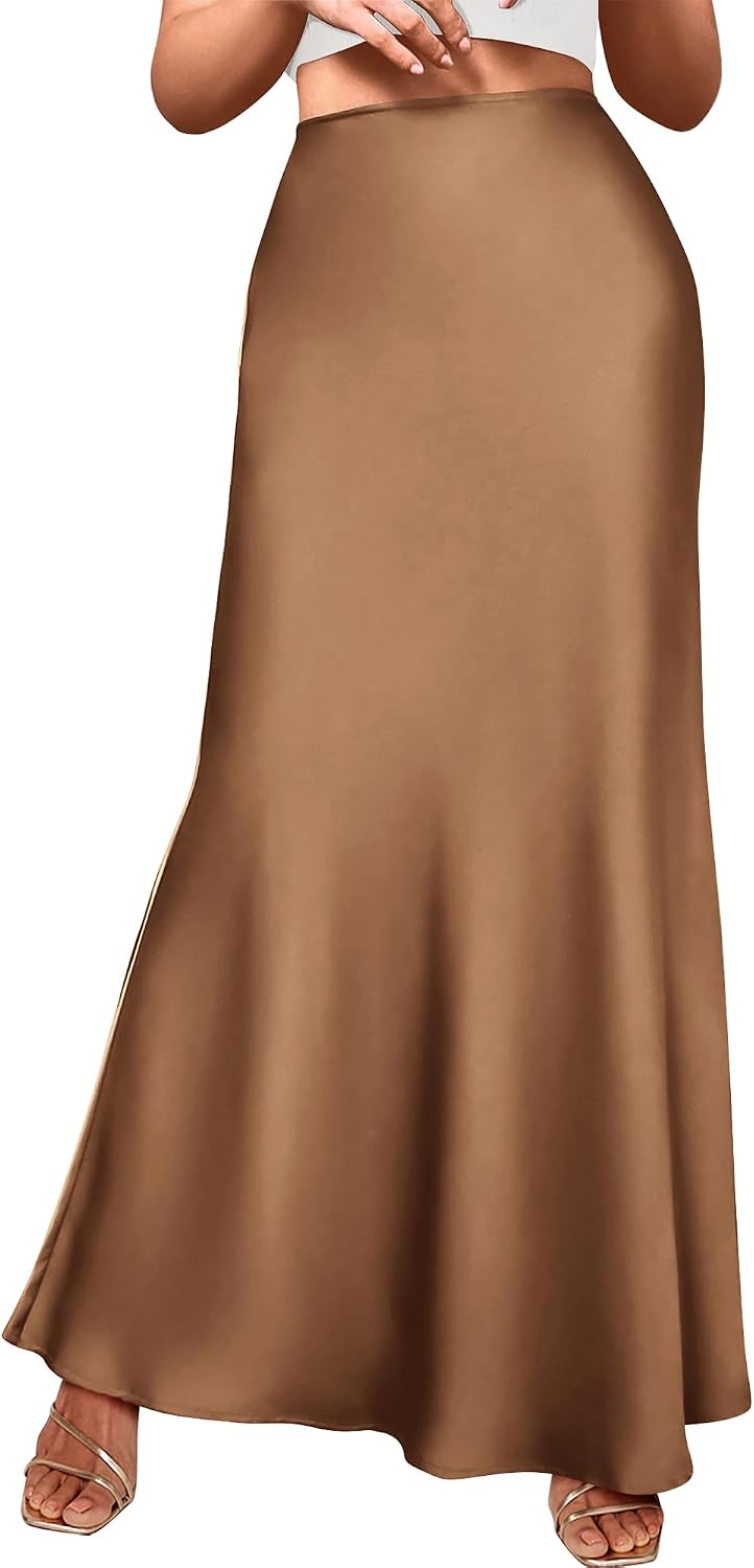Detalle de BTFBM BT474 Silk-Satin Mermaid Maxi Skirt, High-Waisted Flared A-Line