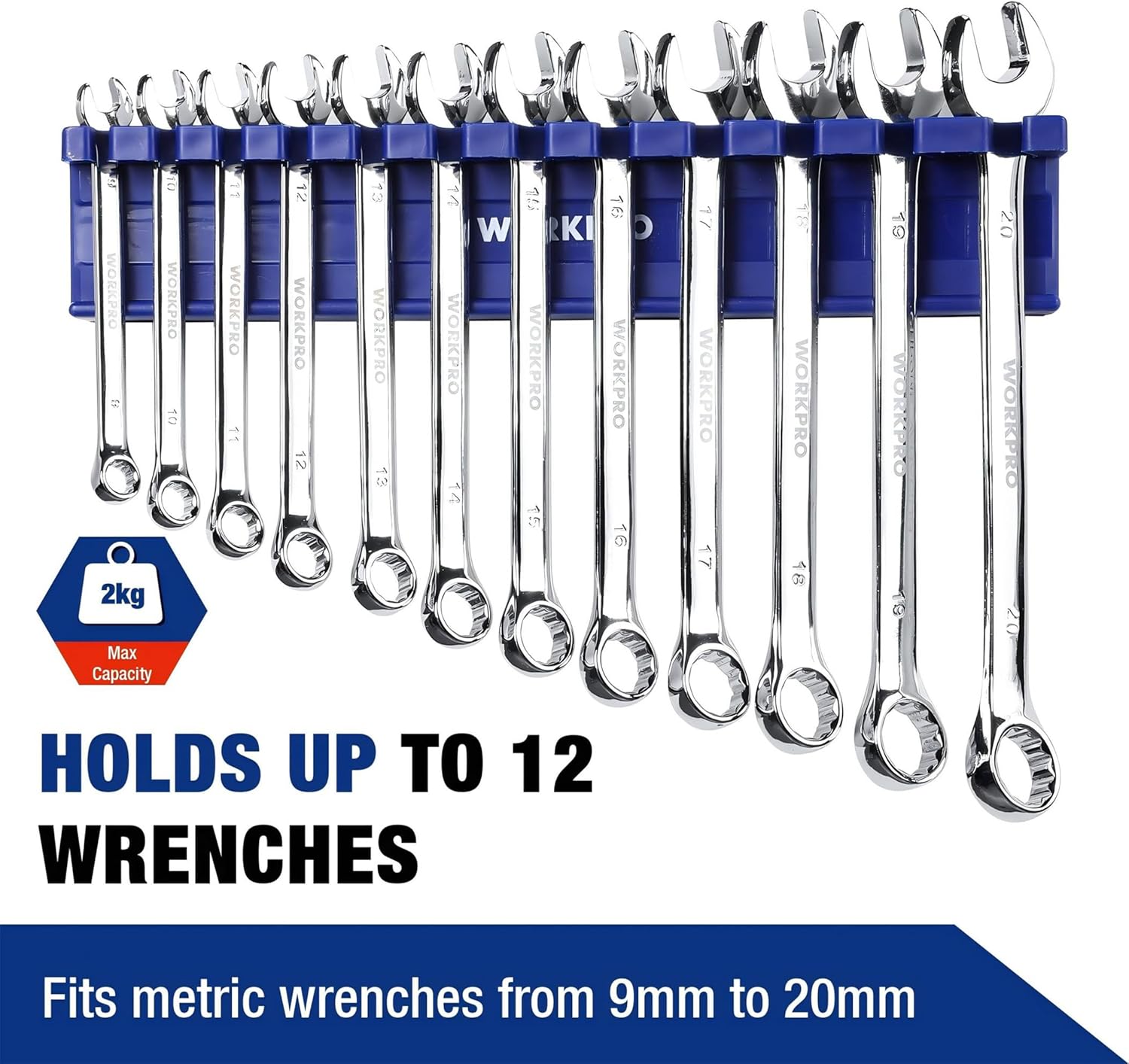 Thumbnail 1 de WORKPRO 12-Slot Magnetic Wrench Organizer Rack (9–20 mm)