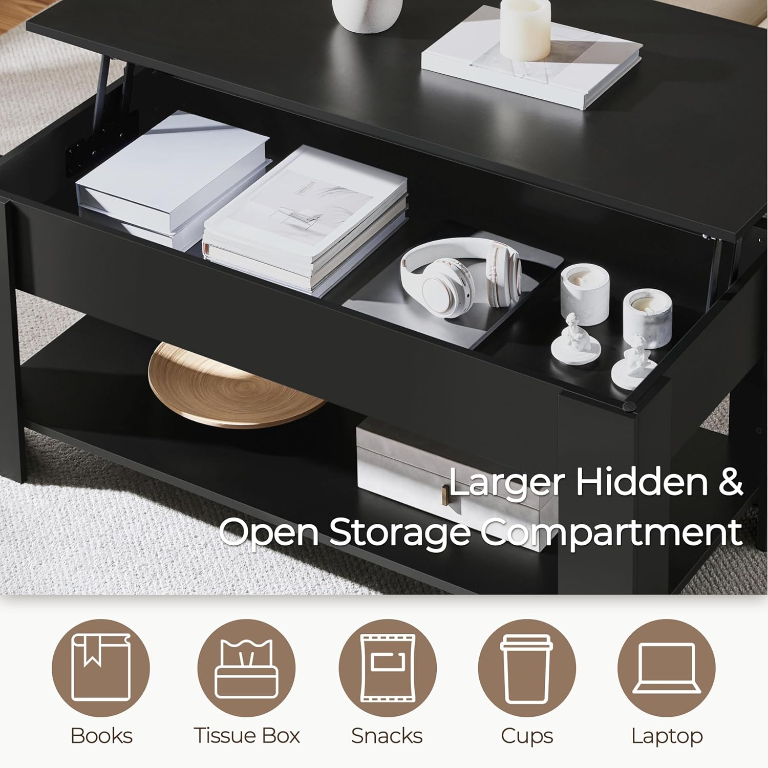 Detalle 2 de Yaheetech Tavolino Sollevabile da Salotto con Ripiano Tavolino da Caffè con Portariviste – Nero, 120 x 60 x 49,5–62,5 cm