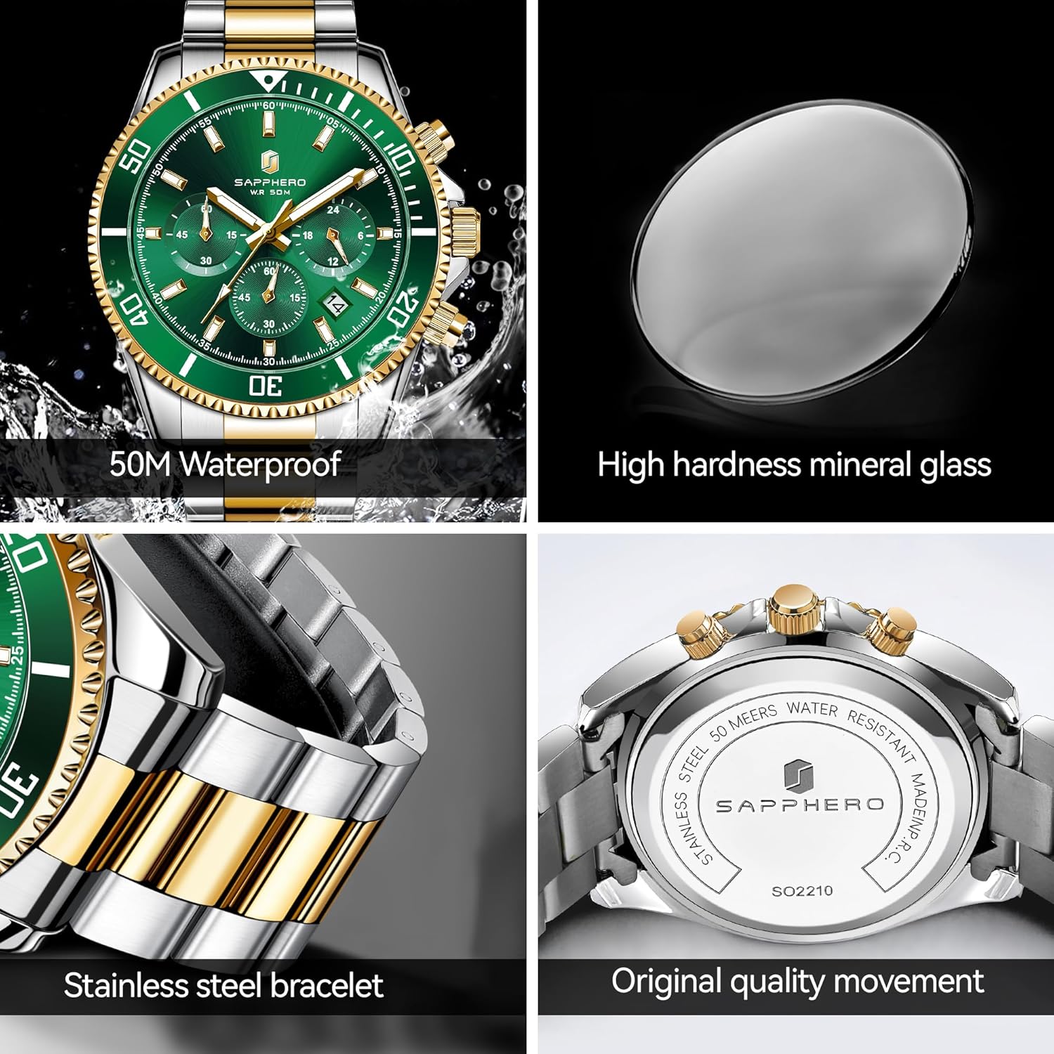 Thumbnail 4 de SAPPHERO Orologio da Uomo Analogico Quarzo Cronografo 50M — Acciaio, 42 mm, Design Classico e Sportivo