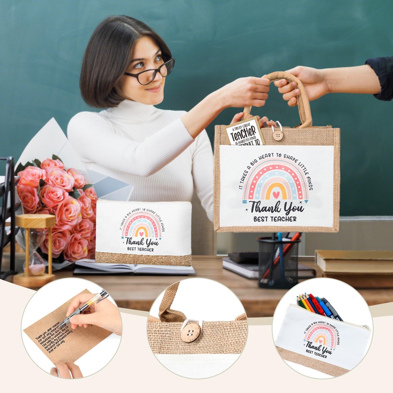 Thumbnail 6 de iZoeL Thank You Teacher Gifts Set: Jute Tote, Cards & Keyring