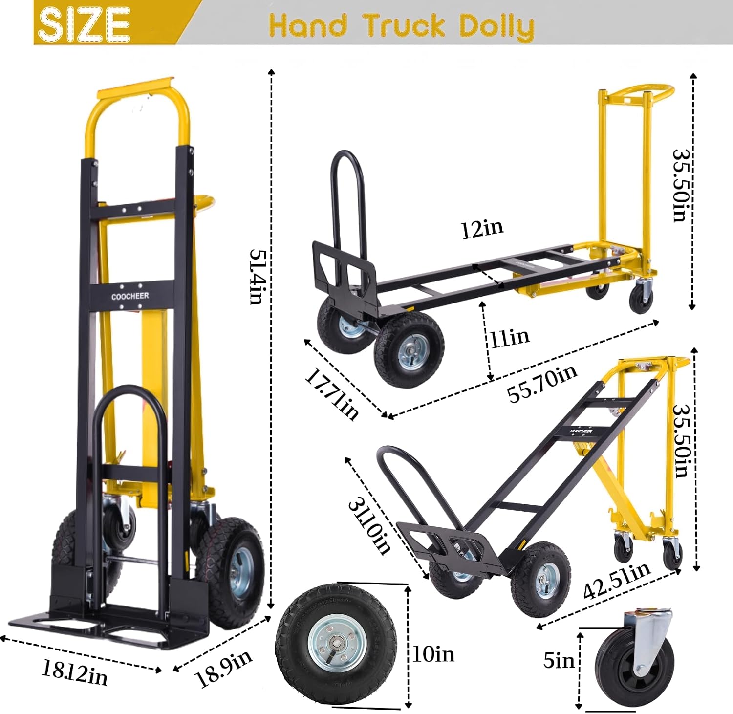 Thumbnail 1 de COOCHEER 4-in-1 Convertible Hand Truck Dolly, 1,000 lb Capacity, 10-Inch Tires