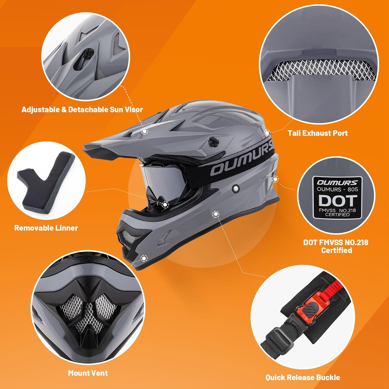 Thumbnail 1 de OUMURS Adult ATV Dirt Bike Helmet with Goggles, Gloves & Mask – Gray, XXL