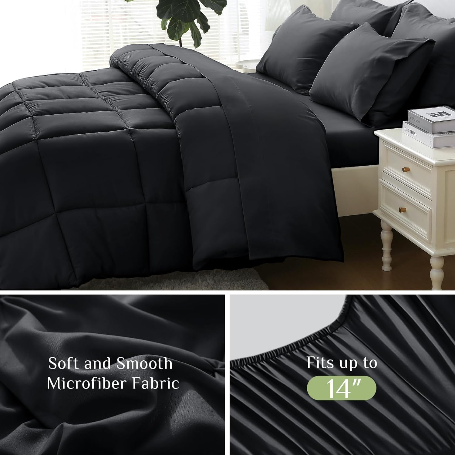 Detalle de JOLLYVOGUE Full Comforter Set, Ultra-Soft Full Bed in a Bag (7 Pieces) – Black