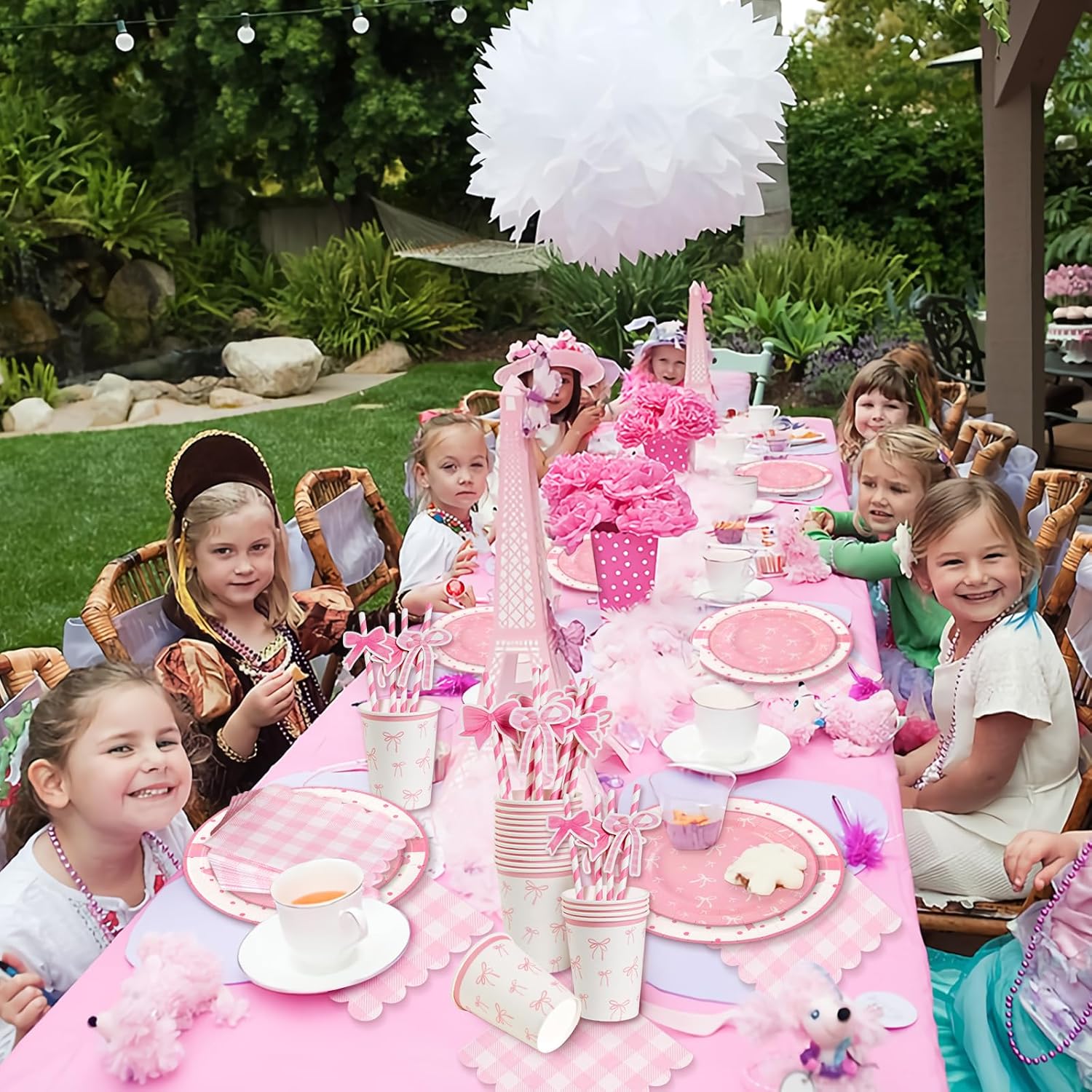 Thumbnail 6 de SUNBEAUTY 80-Piece Pink Bow party tableware set (9 inch plates, cups, napkins) for 16 guests