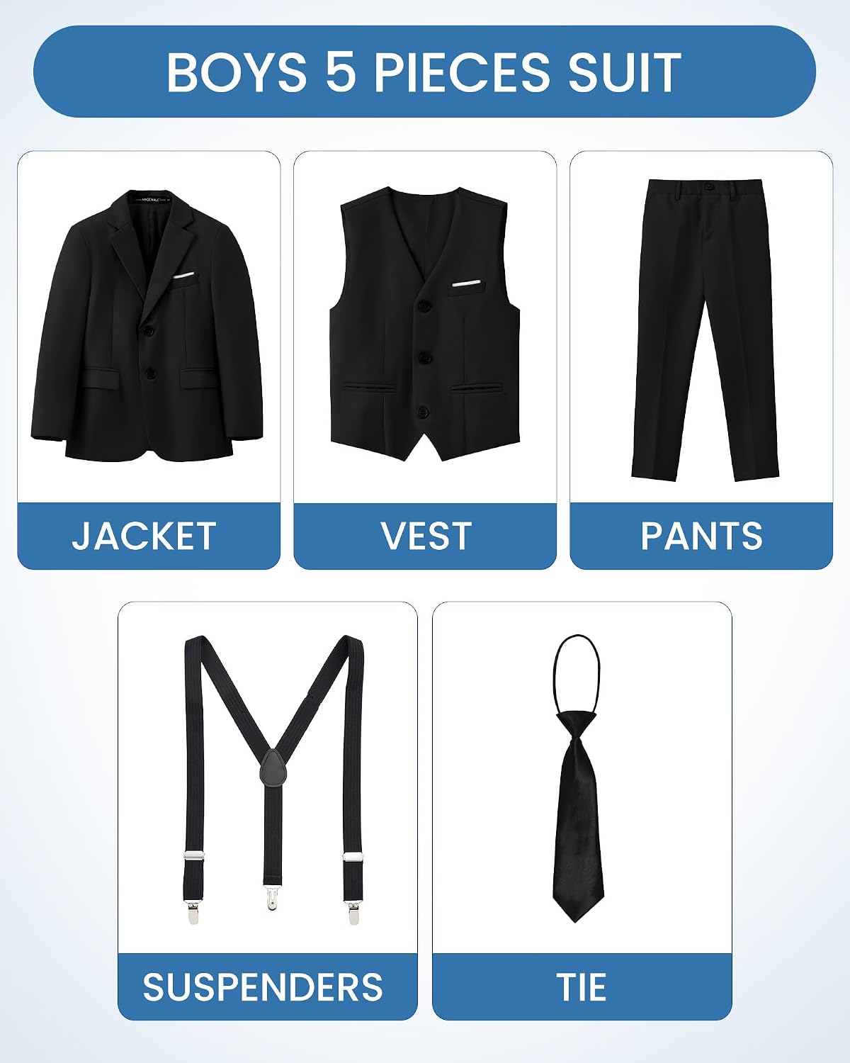 Detalle 2 de MAGE MALE Boys' 5-Piece Suit Set, Slim Fit with Suspenders and Adjustable Waist