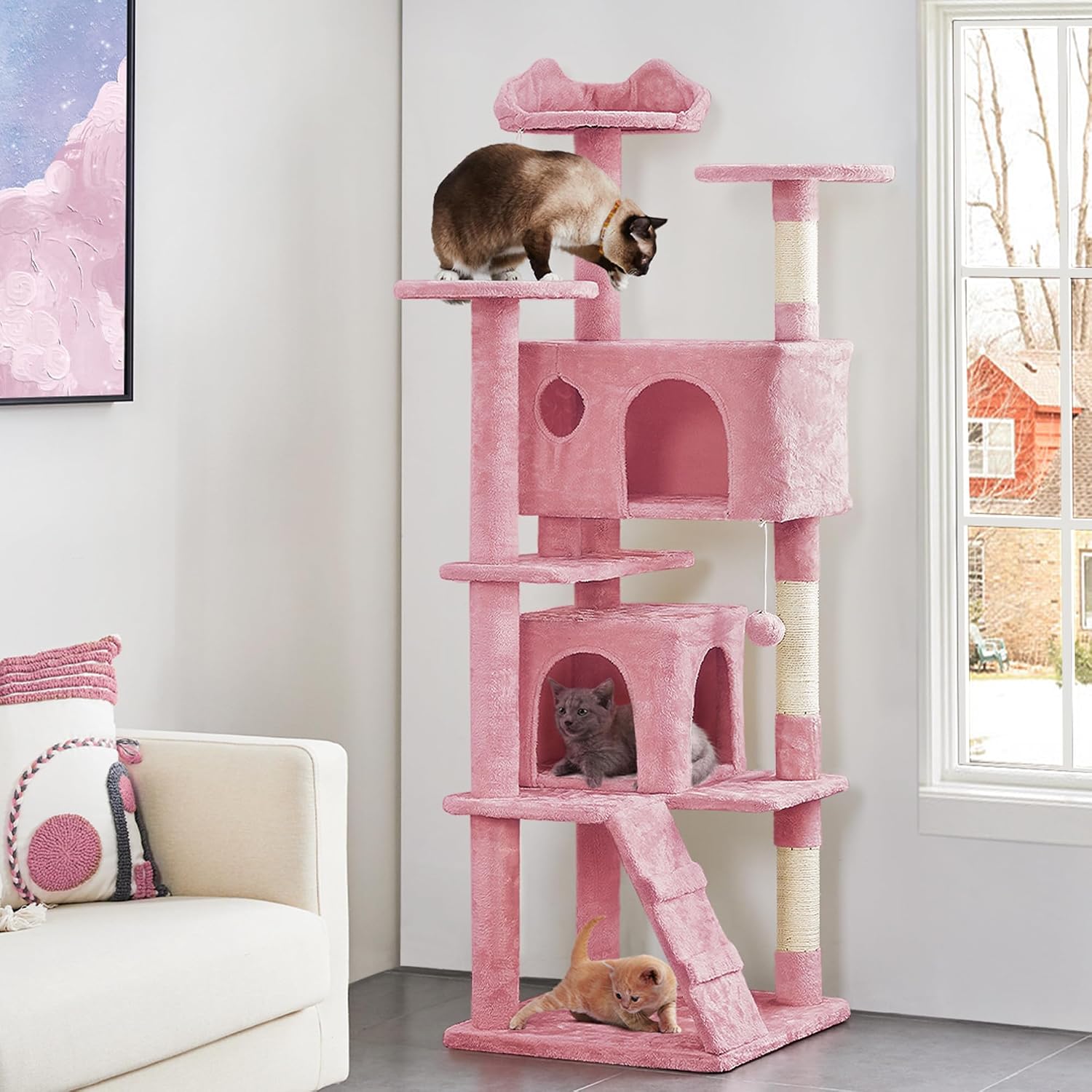 Detalle de Yaheetech Albero Tiragraffi per Gatti 178 cm con 3 Pali Graffiatoi, Grotta e Pompon in Peluche (Rosa)