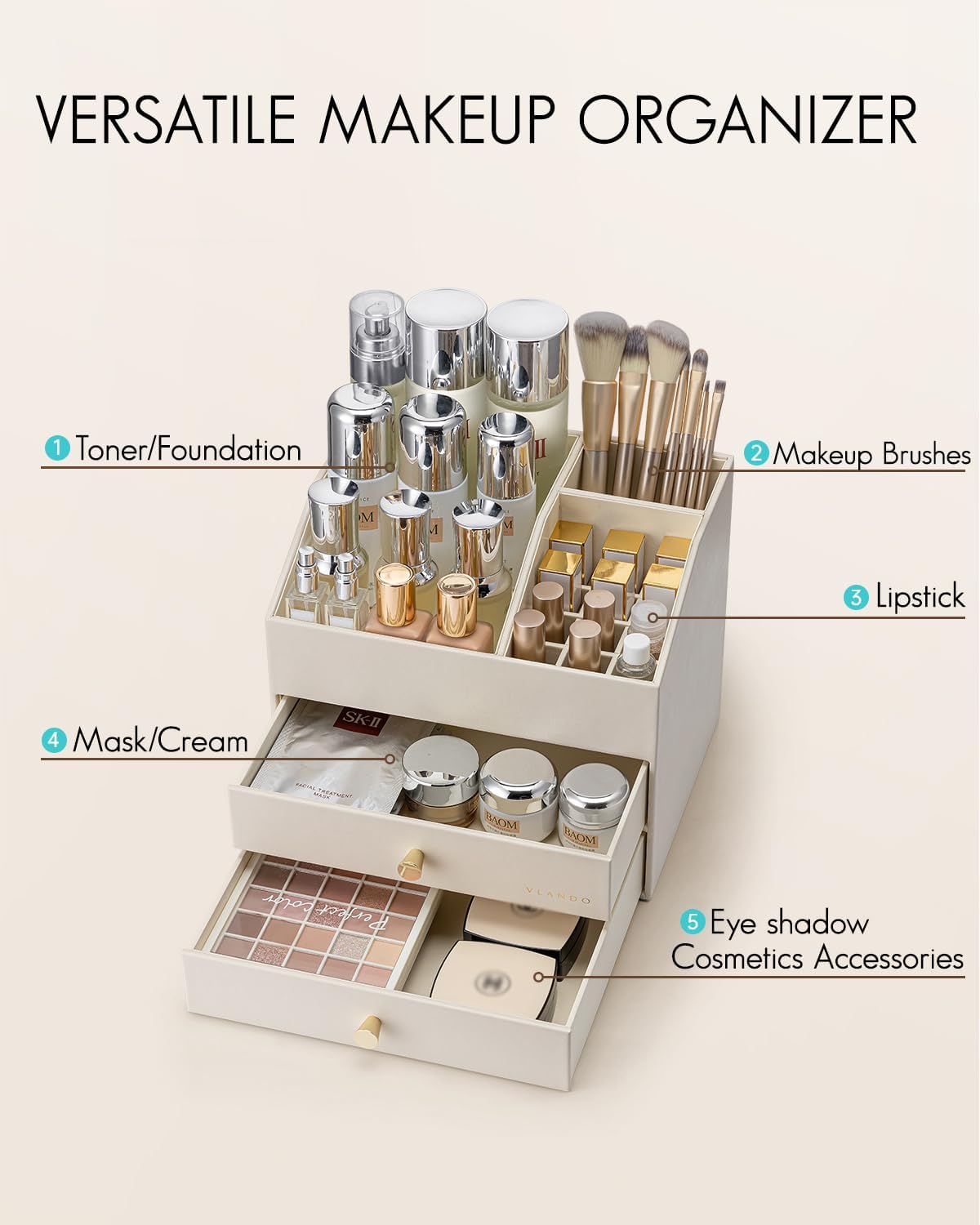 Detalle de VLANDO Make up Organizer mit 3 Schubladen – Kosmetik- und Schmink Organizer, Beige