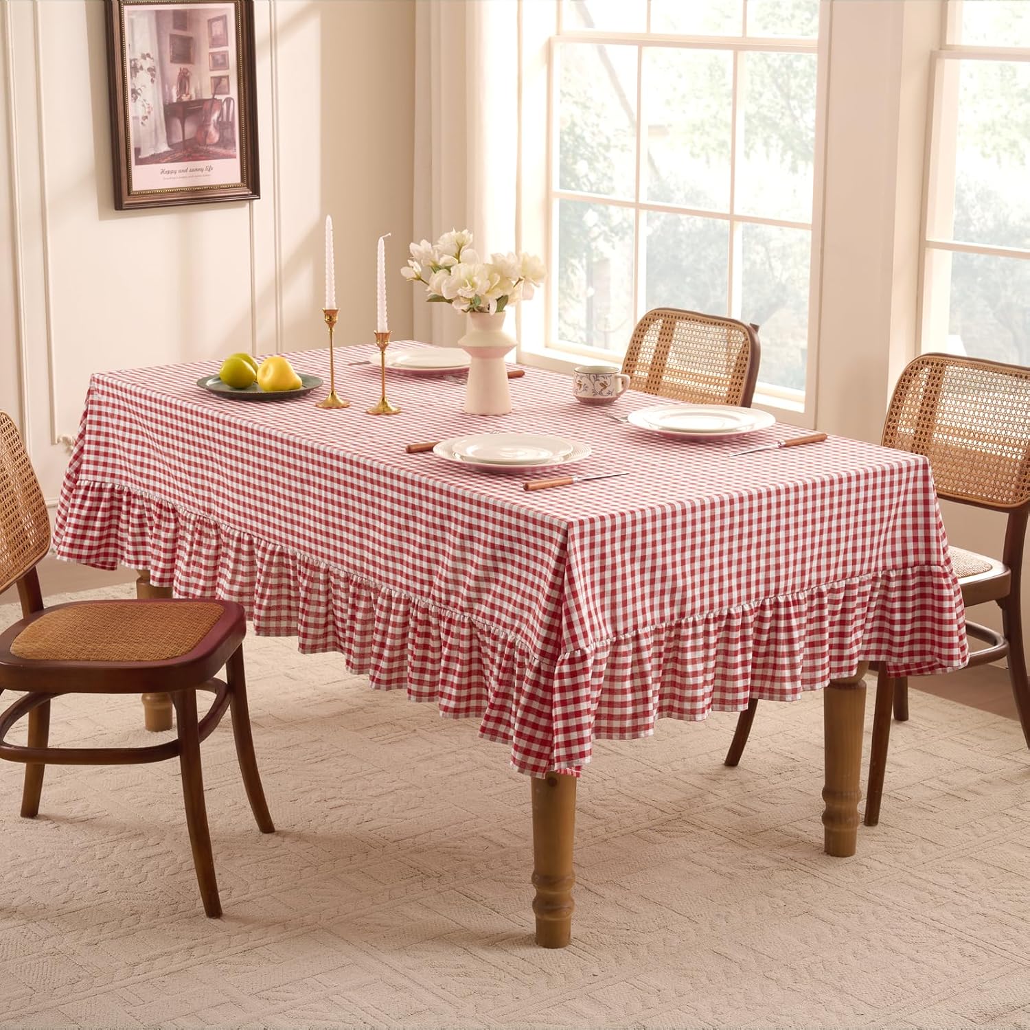 Detalle de Romanstile Gingham Ruffled Tablecloth Rectangle - 60 x 120 Inch, Red