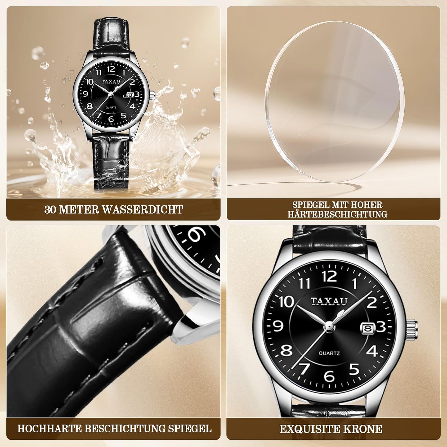 Detalle 2 de Taxau Damenuhr analoge Quarzuhr mit Lederarmband – Business-Armbanduhr mit Datum, wasserdicht