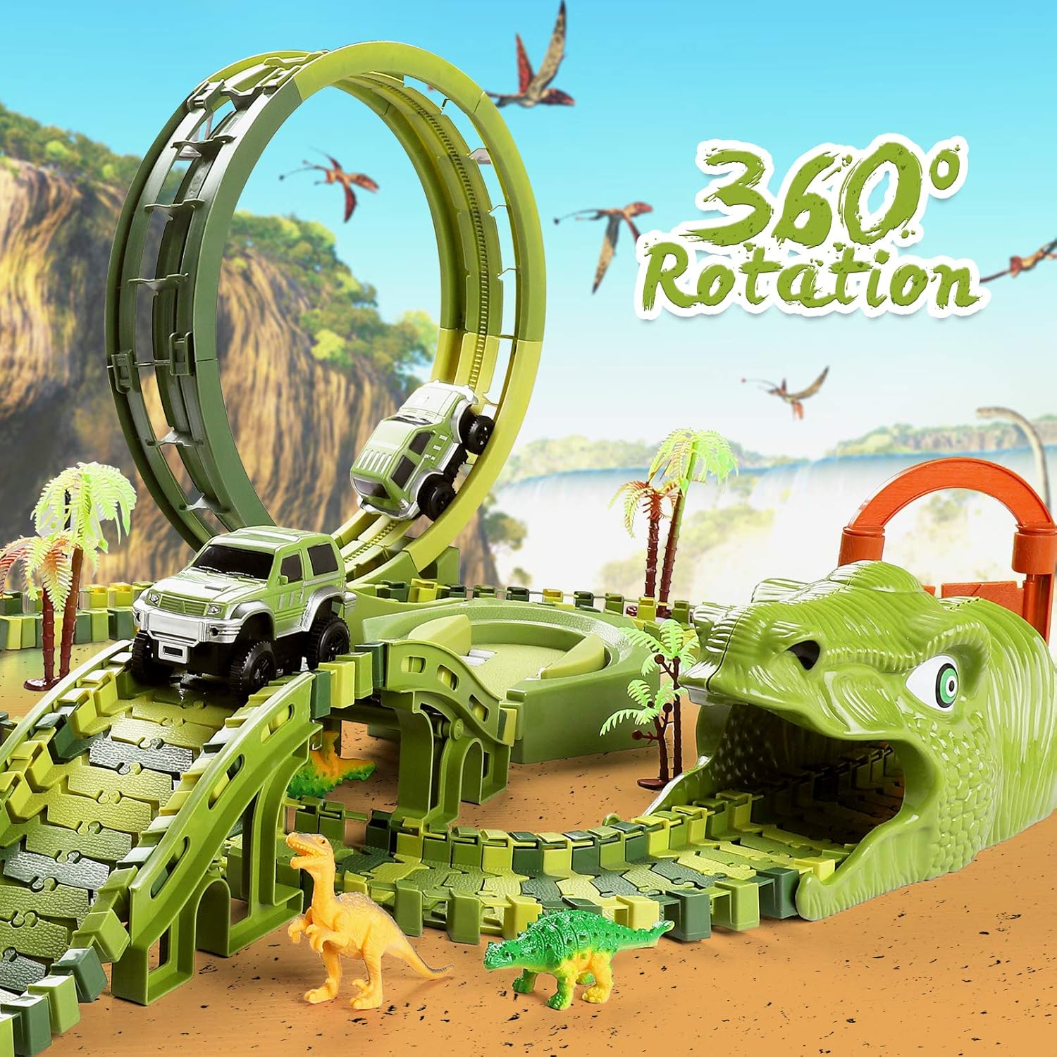 Thumbnail 2 de burgkidz Dinosaurier Rennstrecken Spielset – 360-Grad Looping, 387 Teile, inklusive 2 Rennwagen
