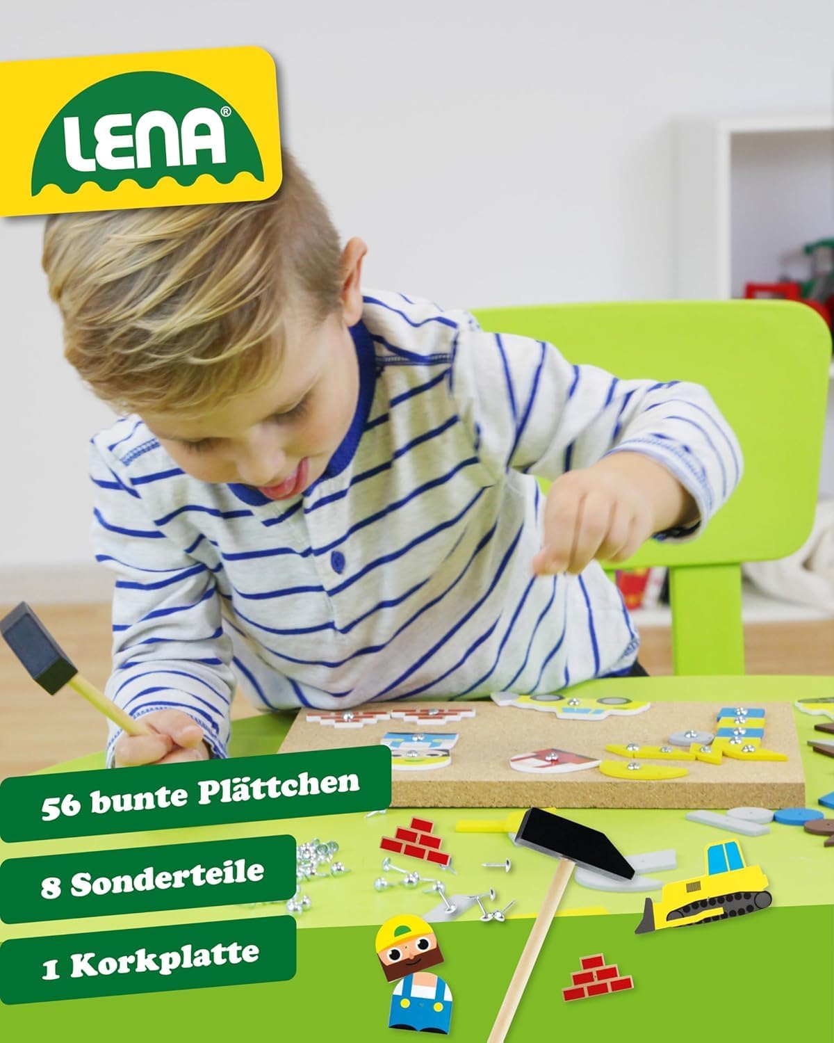 Detalle de Lena 65828 Hammerspiel – Nagelspiel mit 64 bunten Plättchen, Korkplatte 28 × 19,5 cm