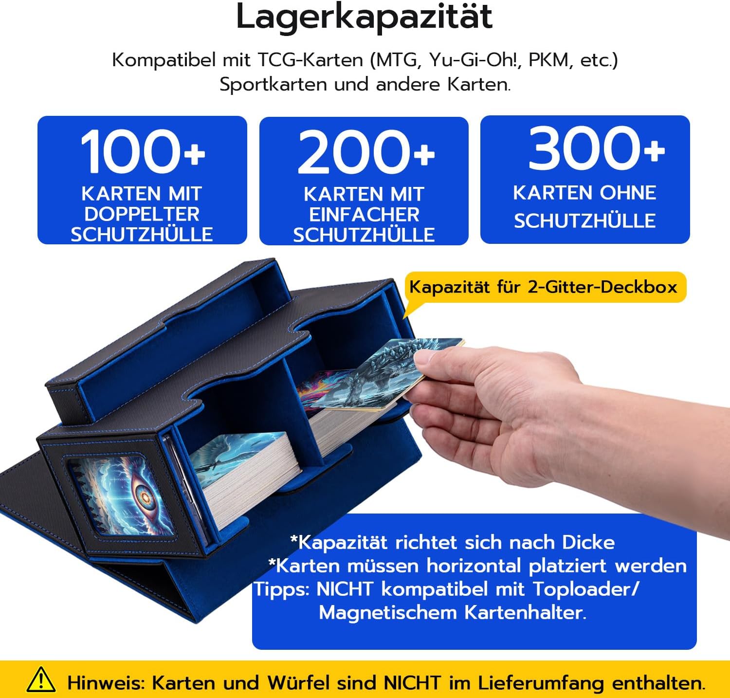 Detalle 2 de Tolesum Doppelschicht Card Deck Box für MTG & Commander – Sammelkartenbox mit Schaufenster und Würfelfach, magnetisch (schwarz/blau)