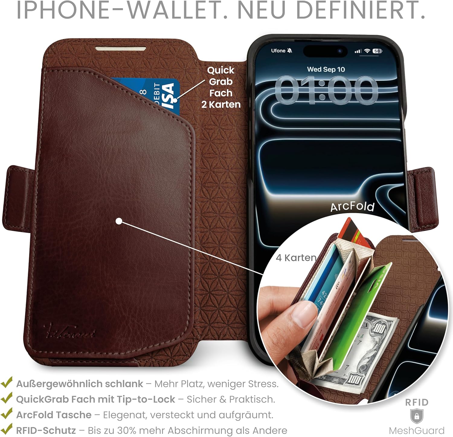 Thumbnail 1 de Dreem Lederhülle für iPhone 17 – Revolucionäres 3-Wege-Standsystem, RFID-Blocker & ArcFold Wallet