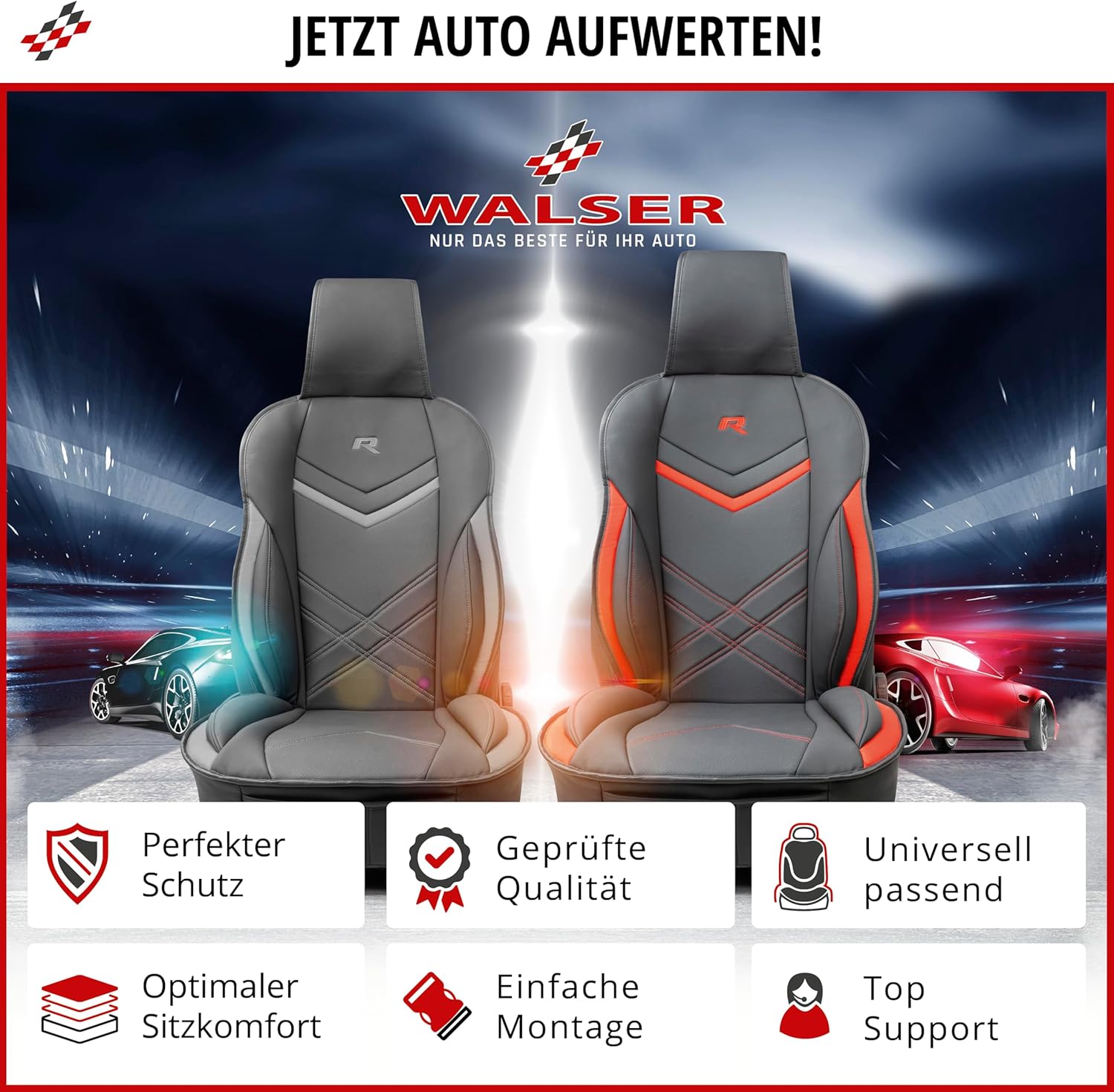 Thumbnail 5 de WALSER Sitzauflage Auto Rey – universeller Sitzschoner für Vordersitze im Rennsport-Look (schwarz/blau)