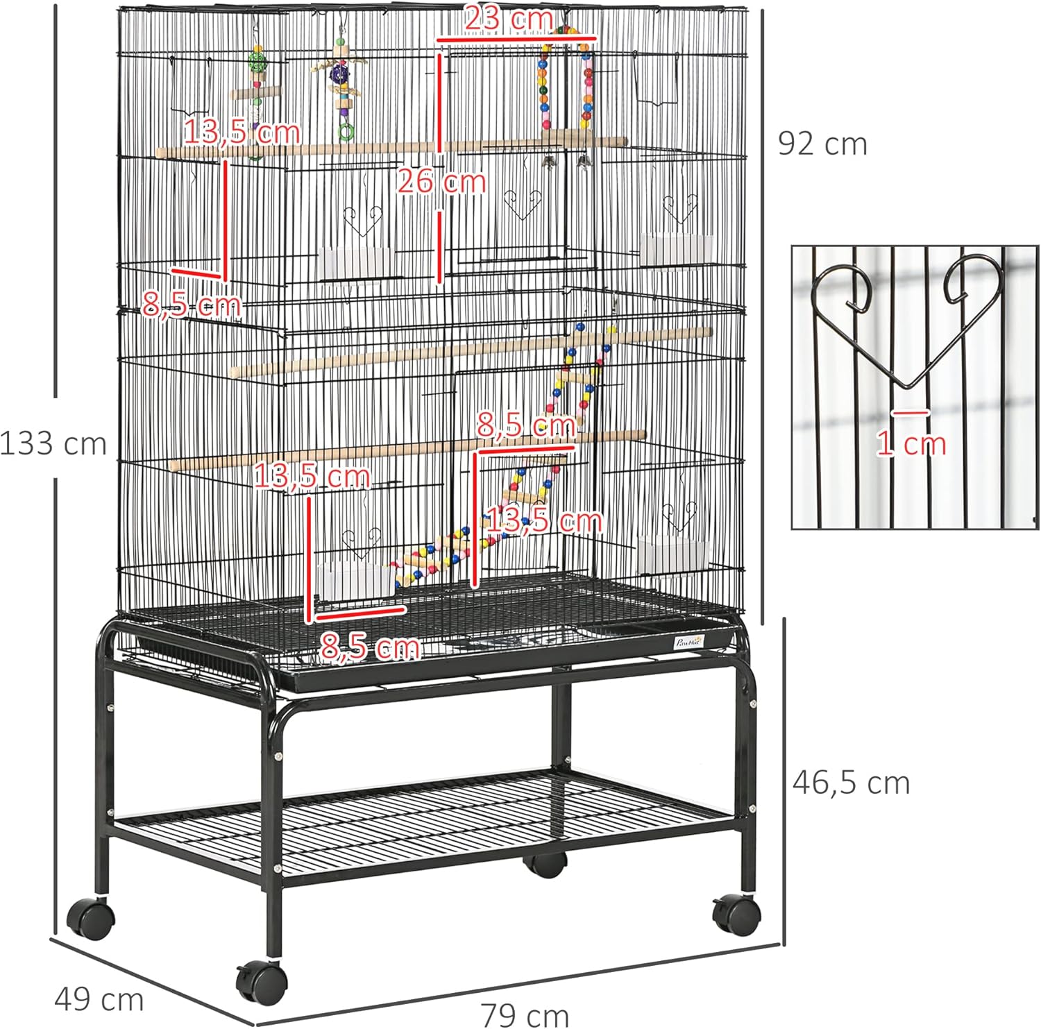 Thumbnail 6 de PawHut Cage à Oiseaux avec Support à Roulettes – Volière Grande Taille 79x49x133 cm (Perruche/Canari), 10 Portes, Espacement 1 cm, Noir