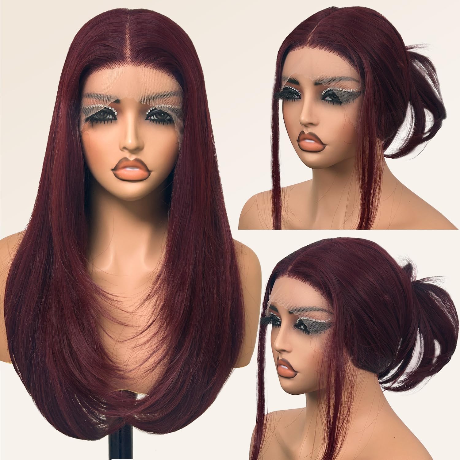 Detalle de Su Mei.s Glueless Synthetic Lace Front Wig, 26-Inch Straight Red (#99J Burgundy, 13x5x1 HD Lace, Hand-Tied)