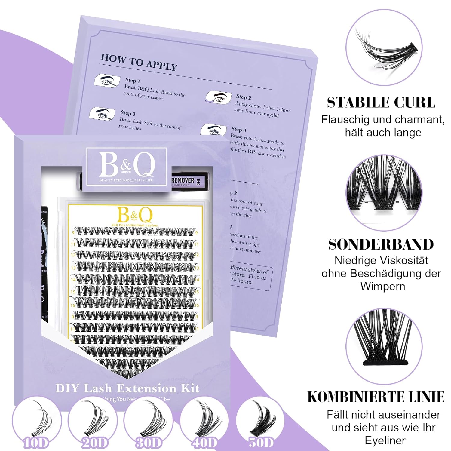 Thumbnail 2 de B&Q Lash Extension Set (280 Wimpern-Cluster) mit Kleber, Seal, Entferner & Applikatoren – D/Curl, 30D/40D