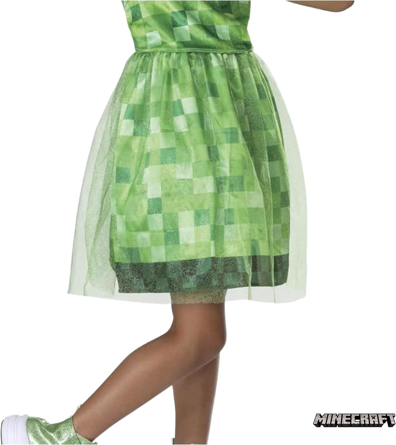 Detalle de Minecraft Creeper verkleedjurk met capuchon, pixelprint en meshdetails