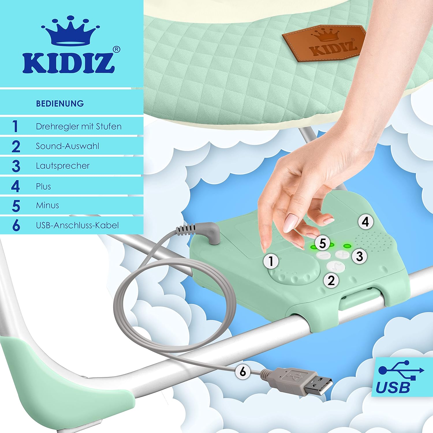 Thumbnail 5 de KIDIZ® Babywippe Babyschaukel mit 5 Geschwindigkeiten – faltbar, inkl. Spielbogen und Sound
