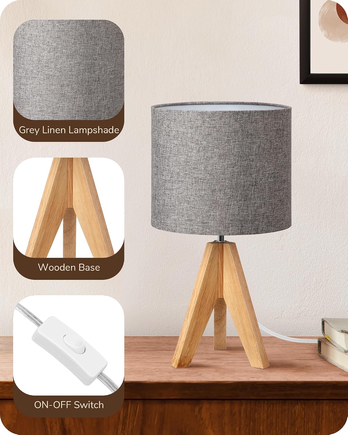 Detalle de EDISHINE 36cm Wood Bedside Table Lamp