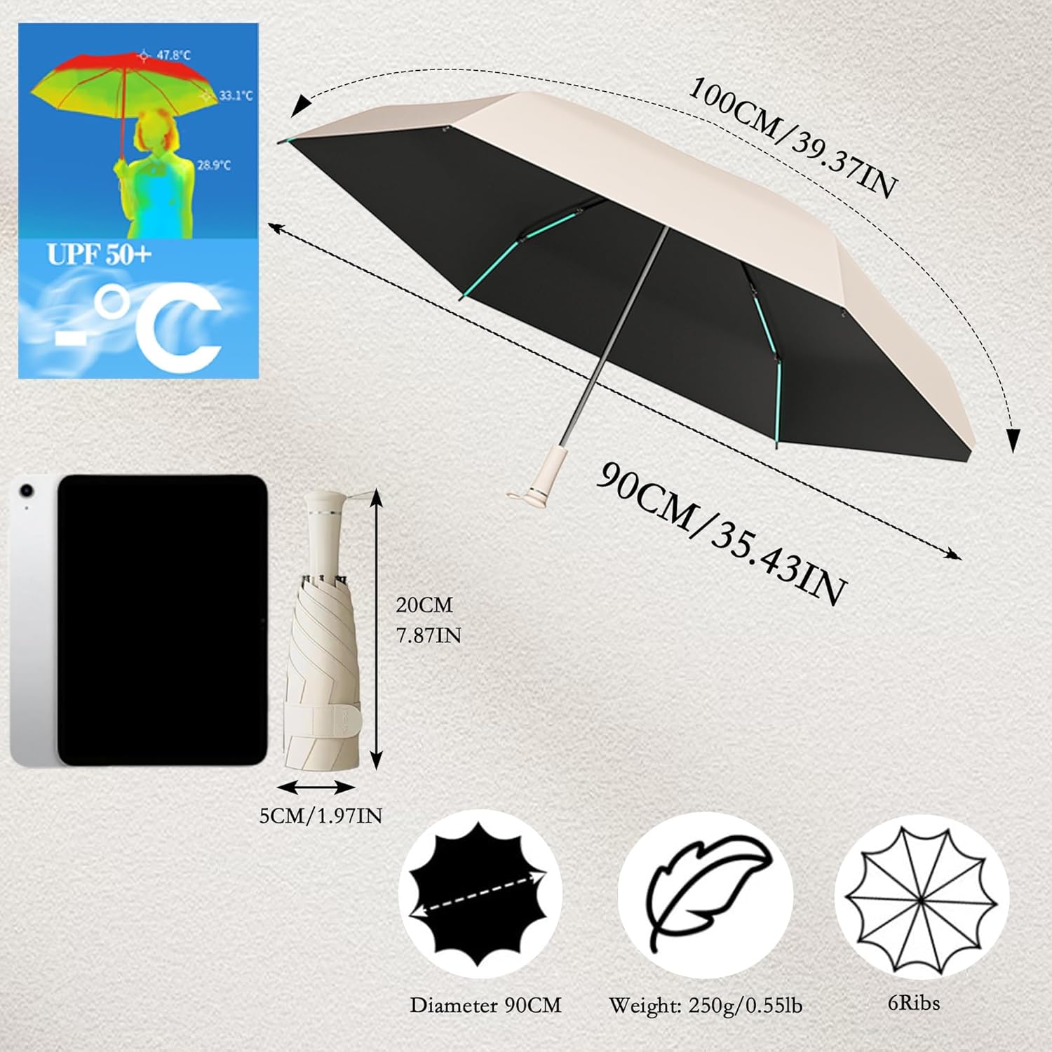 Thumbnail 1 de Travebo Mini 5 Folding Travel Umbrella with UPF 50+ UV protection and hidden telescoping handle