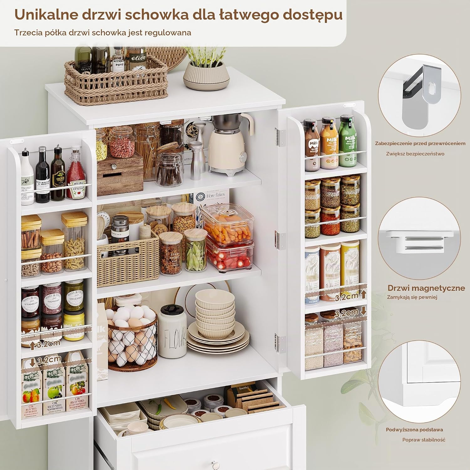 Detalle de FOREHILL M318 – biała szafka kuchenna, 3 szuflady i 8 półek na drzwiach