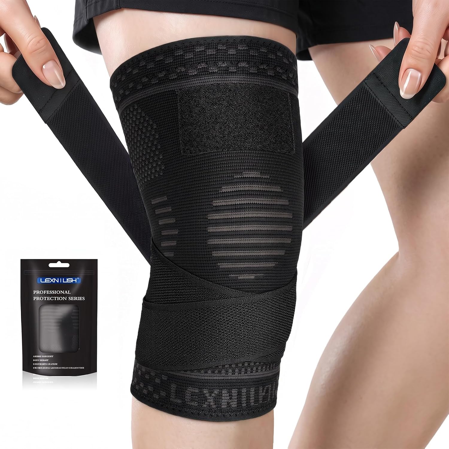 Detalle de Lexniush kniebrace met verstelbare banden, compressie, zwart, maat L