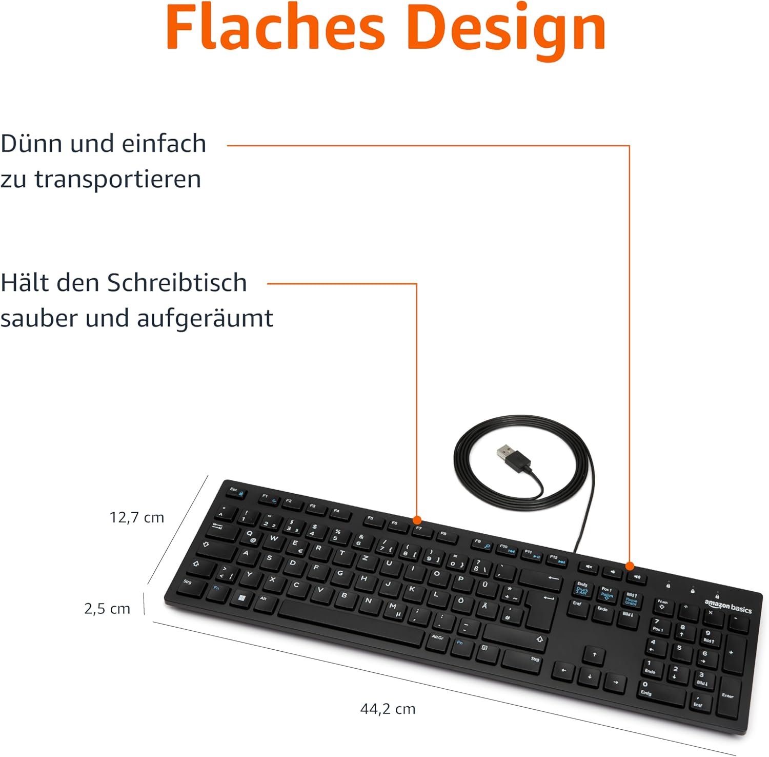 Detalle de Amazon Basics Tastatur mit DE-Layout – flaches USB-Tastatur-Design