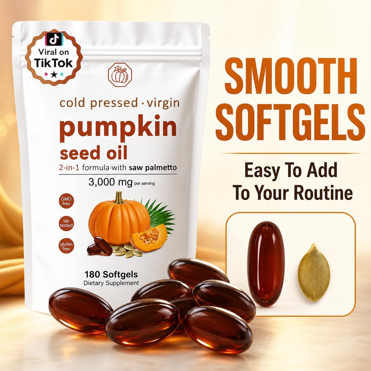 Detalle 2 de Generic Pumpkin Seed Oil Softgels with Saw Palmetto, 3,000 mg, 180 Count