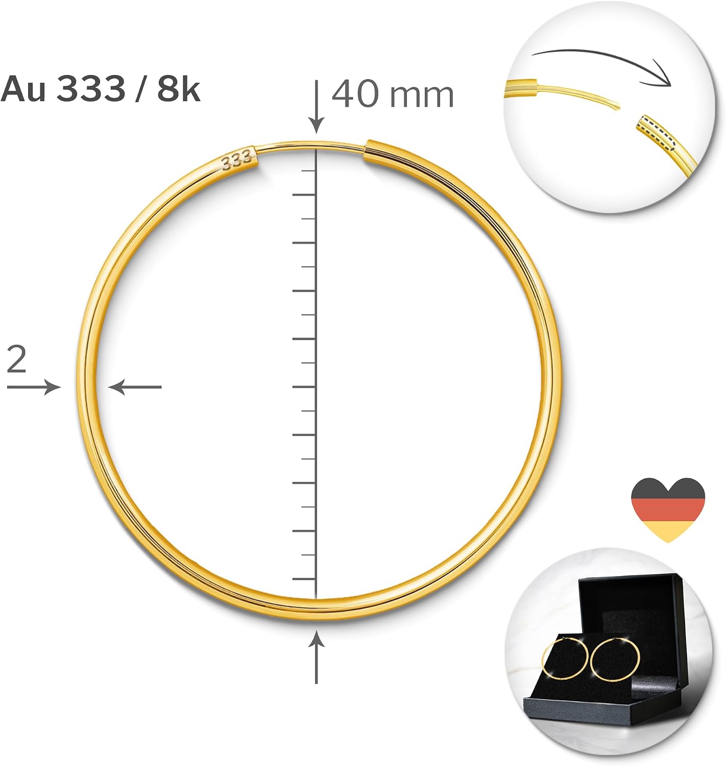 Detalle de EDELIND Boucles d'Oreilles Créoles Or Jaune 40 mm — Or jaune 333/375/585/750, Ø 40 mm