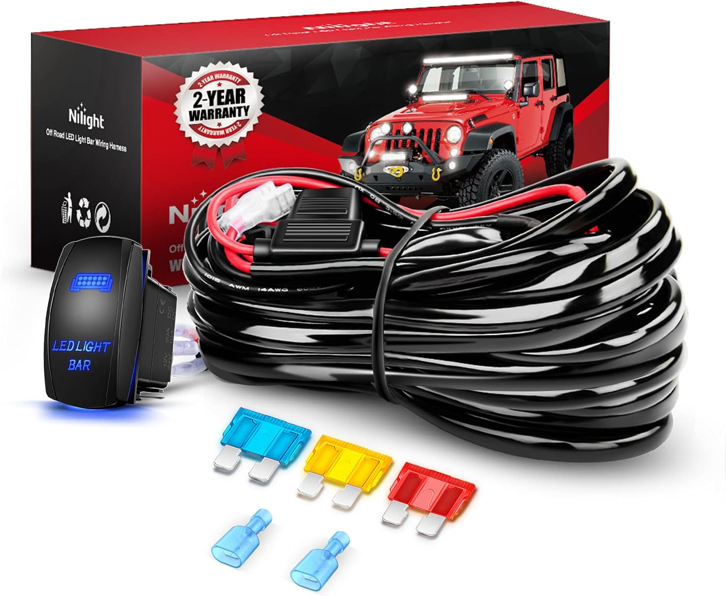 Detalle de Nilight 10014W LED Light Bar Wiring Harness Kit with 5-Pin Rocker Switch, 14AWG Heavy-Duty Lead