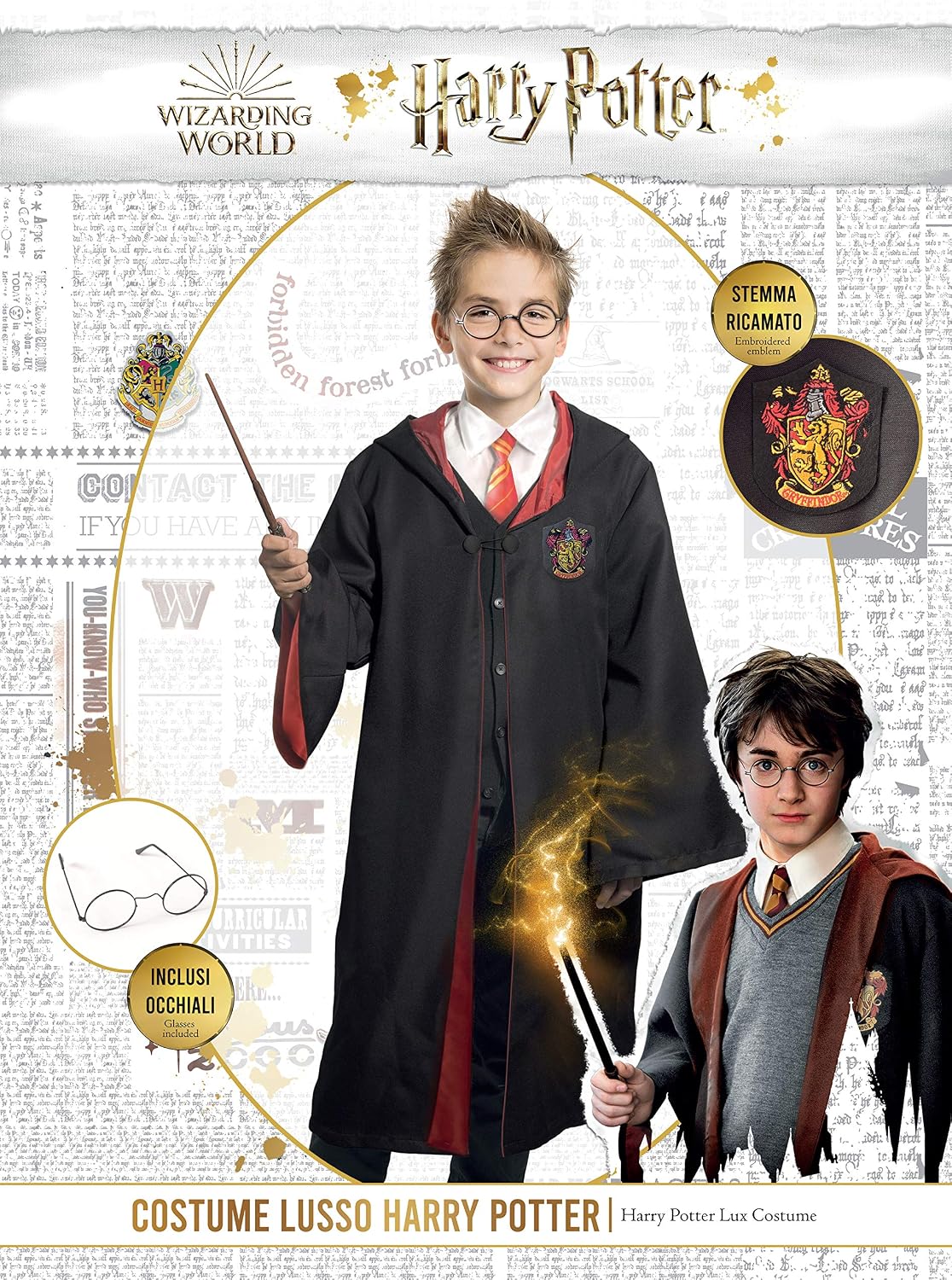 Detalle 2 de Harry Potter Deluxe – kostium dla chłopca 7–9 lat z różdżką i haftowanym herbem Gryffindoru