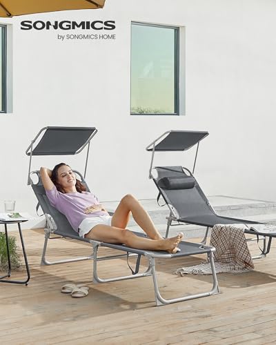 Detalle 2 de SONGMICS Tumbona Reclinable GCB19UV1: descanso estable y plegable para terraza, piscina y jardín