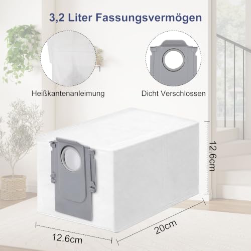 Detalle de Fishoney Staubbeutel – 15 Stück für Roborock QV/Qrevo, Saros und mehr (3,2 l, 13×12,5×20 cm)