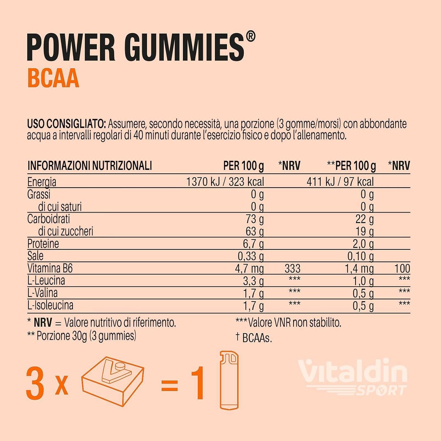 Detalle de VITALDIN SPORT Power Gummies BCAA – protezione e recupero muscolare in formato bite vegano (30 caramelle che cambiano la corsa agli allenamenti)