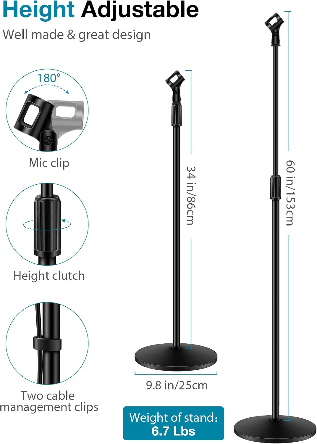 Detalle de InnoGear Mic Stand (Floor Detachable Boom Arm) Height Adjustable 34–60 in with Weighted Round Base