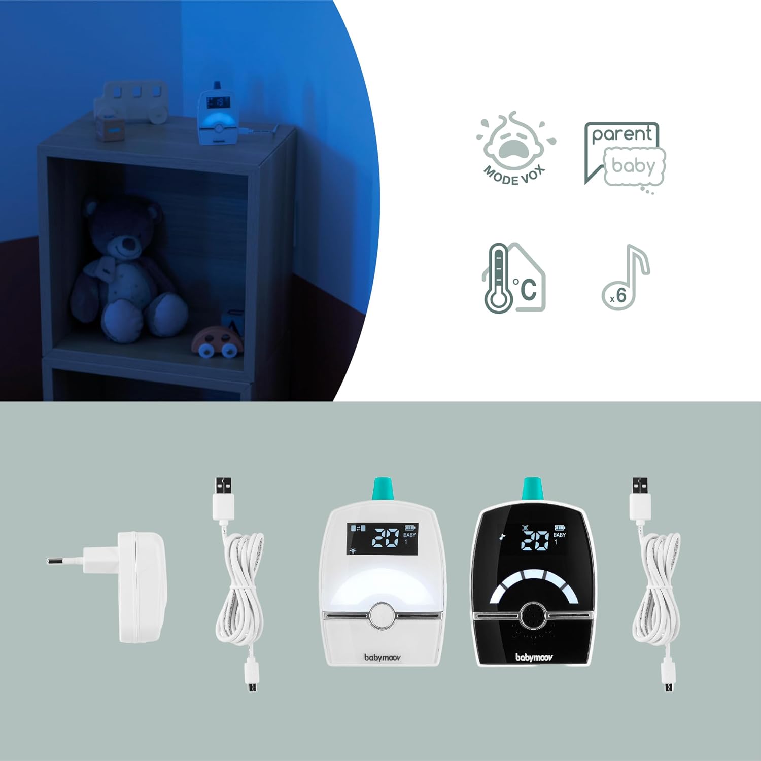Thumbnail 3 de Babymoov Babyphone Audio Premium Care – Émetteur double, faible émission, veilleuse et talk-back
