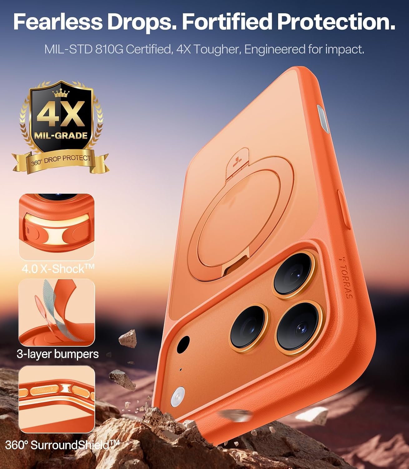 Detalle 2 de TORRAS for iPhone 17 Pro Case with Stand — Translucent Matte Cosmic Orange