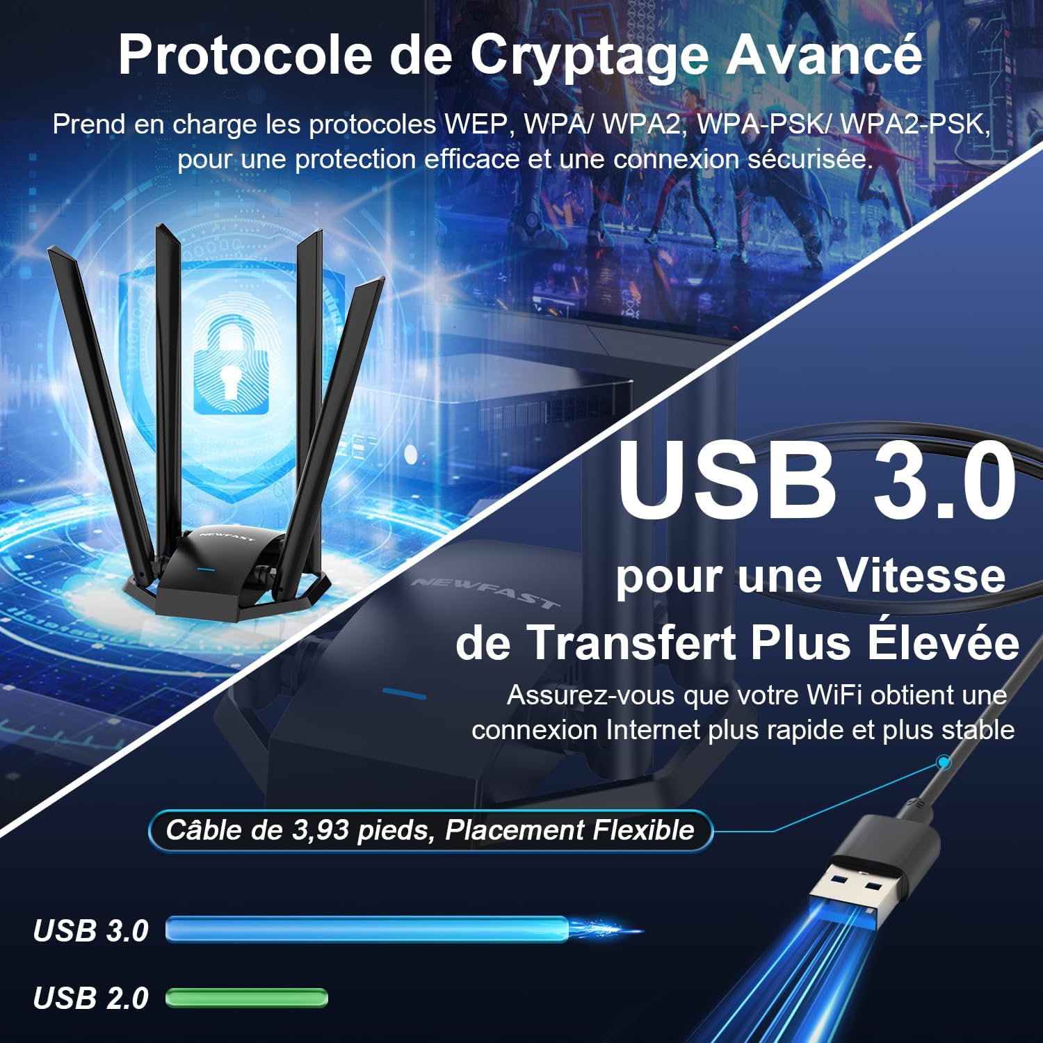 Detalle 2 de NEWFAST U329 Clé WiFi AC1300 Mbps pour PC – 4 antennes 6 dBi, MU-MIMO, USB 3.0