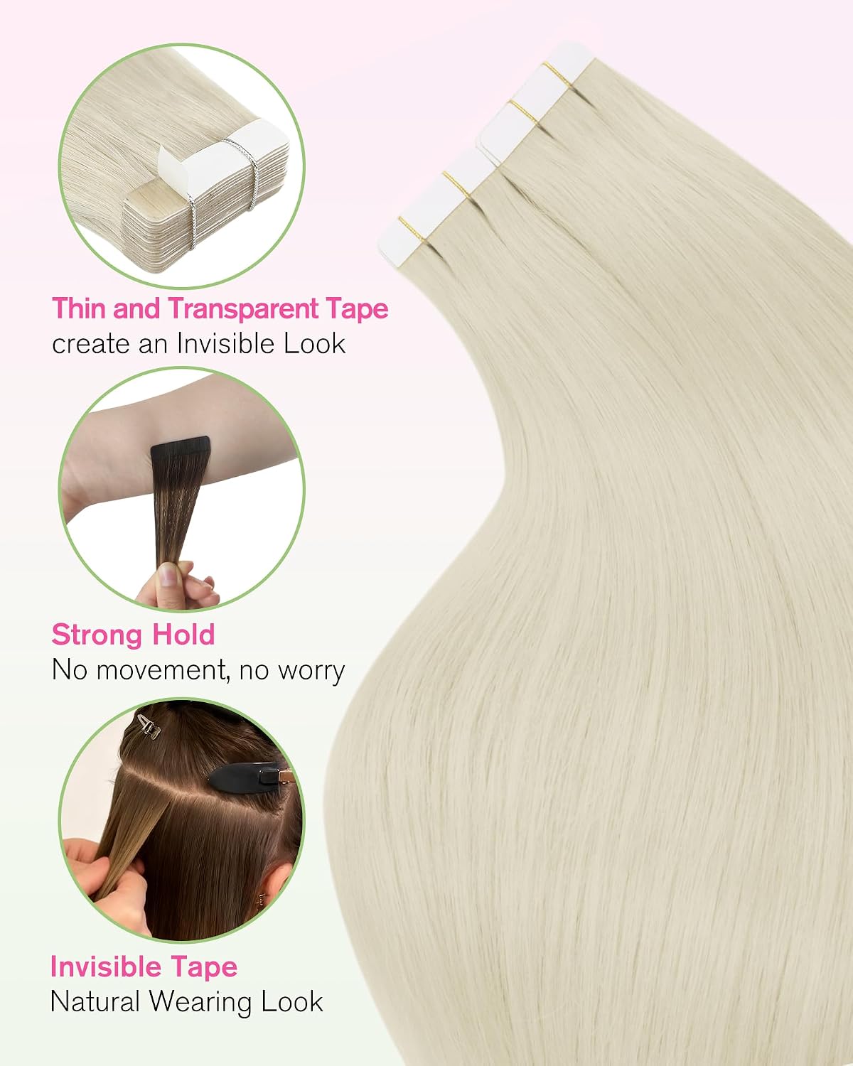 Detalle de YoungSee Tape-in Extensions Echthaar Platinblond, 60 cm (60A) – 50 g