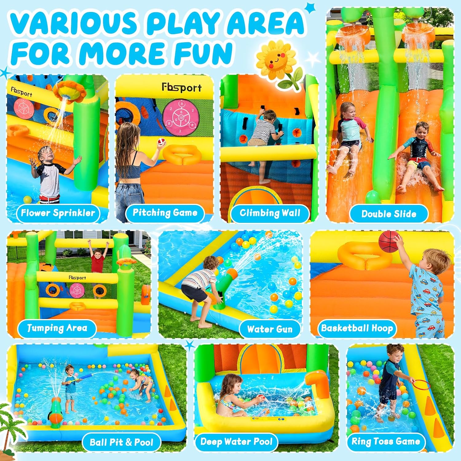 Detalle de FBSPORT Inflatable Bounce House Double Water Slide with Splash Pool and 750W Blower