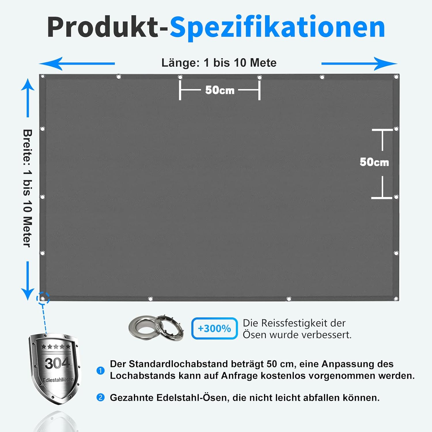 Thumbnail 5 de Sonnensegel wasserdicht rechteckig 1,5 x 2 m (Hellgrau) mit Ösen, 95% UV-Schutz