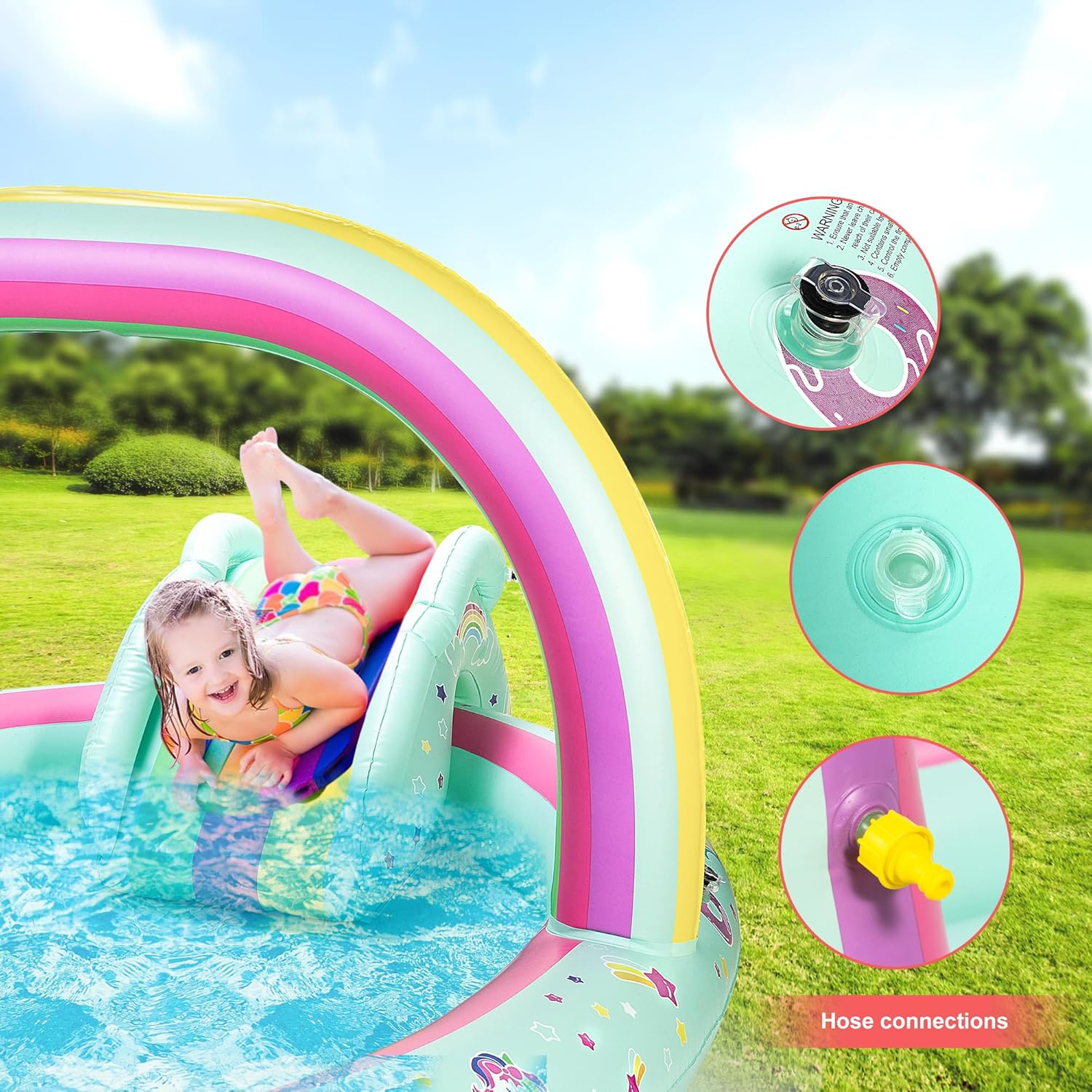 Detalle de SULIFEEL Rainbow Unicorn Inflatable Play Center: 96'' x 59'' x 39'' Kiddie Pool with Slide and Sprinkler