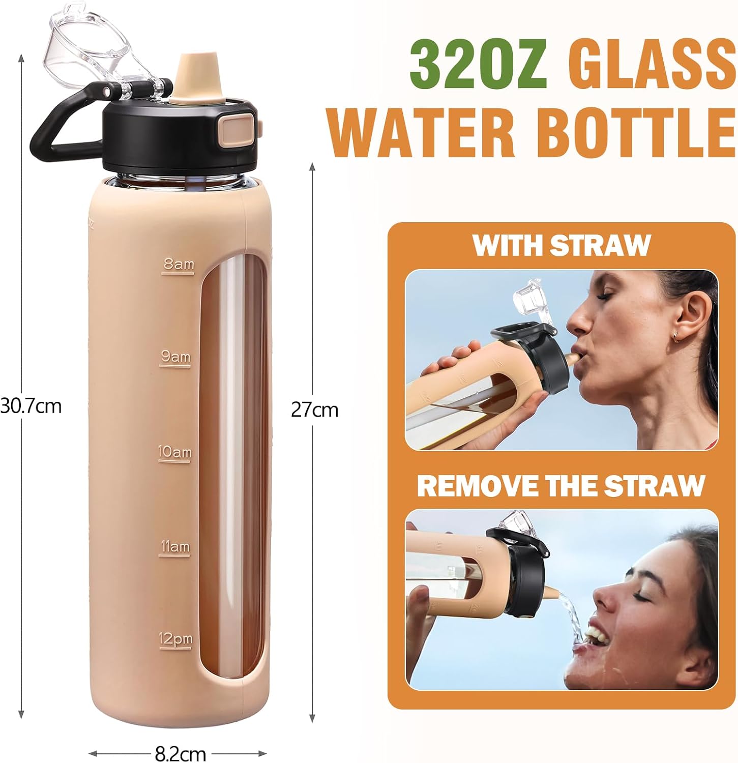 Detalle de BLUEGO 900ml Glass Water Bottle with Handle & Straw, Silicone Sleeve and Time Marking (Leak-proof)