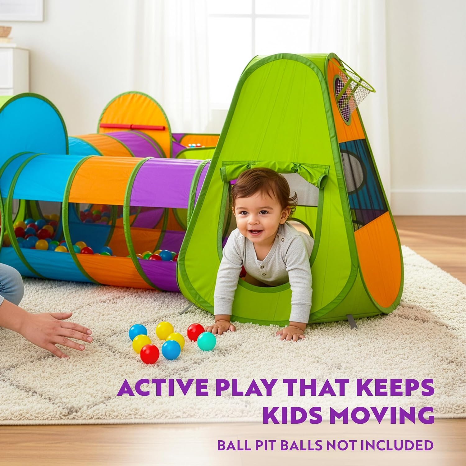 Detalle de Playz 5-Piece Kids Pop Up Play Tent, Crawl Tunnel, Ball Pit, and Basketball Hoop Set