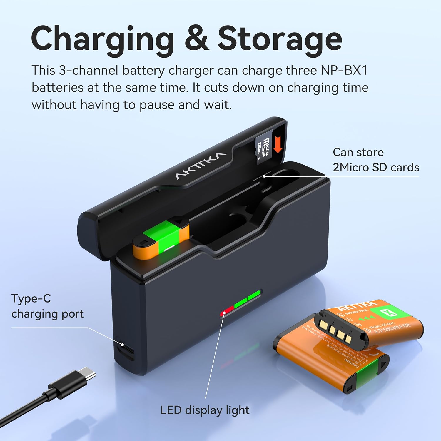 Detalle de AKTTKA confezione da 3 batterie NP-BX1 da 1380 mAh + caricabatterie a 3 porte con USB-C